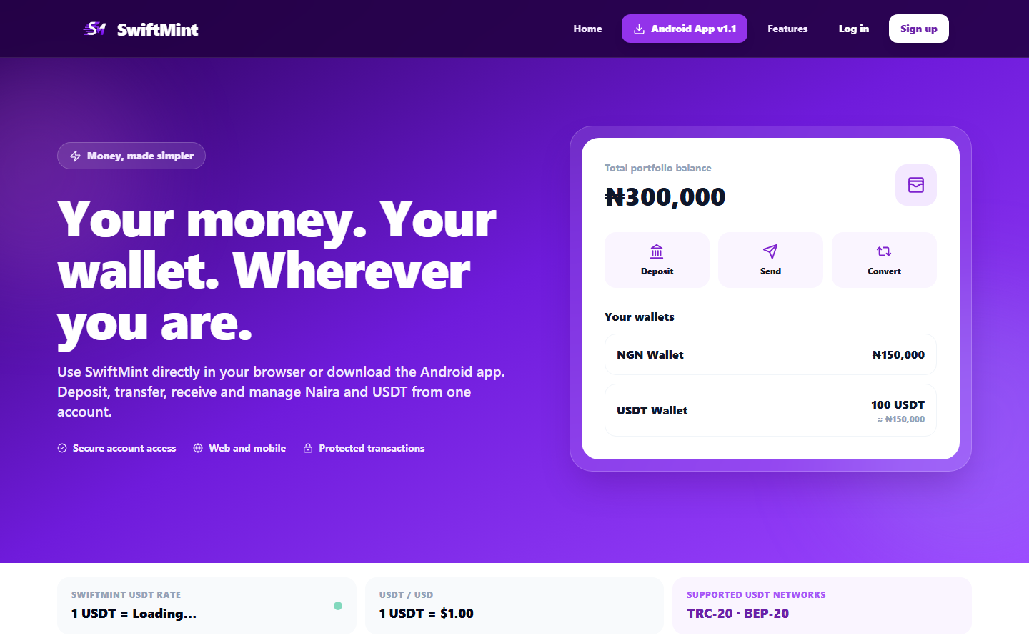 SwiftMint digital wallet web and mobile interface